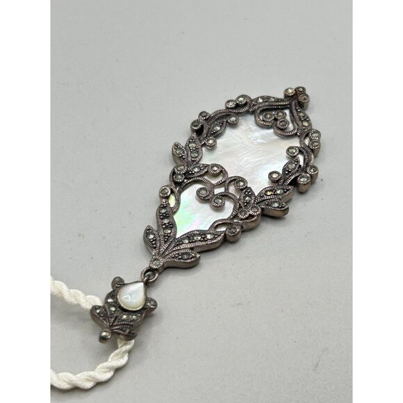 Vtg Sterling Silver & Marcasite Pendant Necklace Mother of Pearl Drop Pendant - Picture 3 of 11
